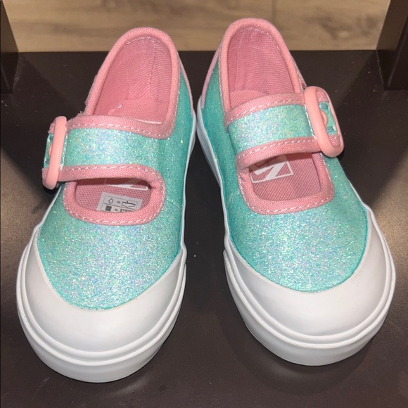 Vans Toddler Glitter Mary Jane Shoes Teal Pink Strap Sneakers Size 5 - Picture 3 of 9